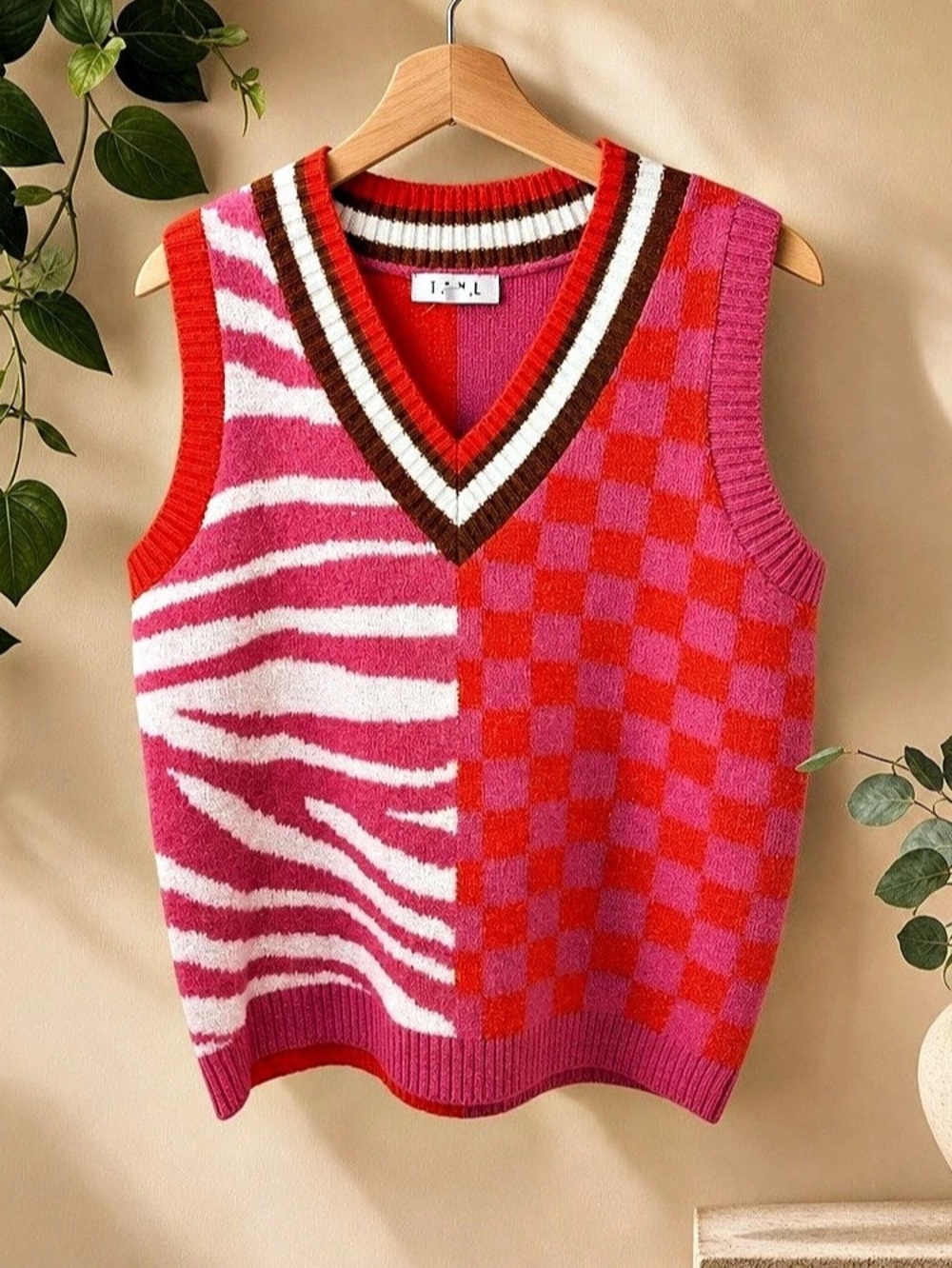 I.AM.GIA Pink & Red Color Block V-Neck Sweater Vest